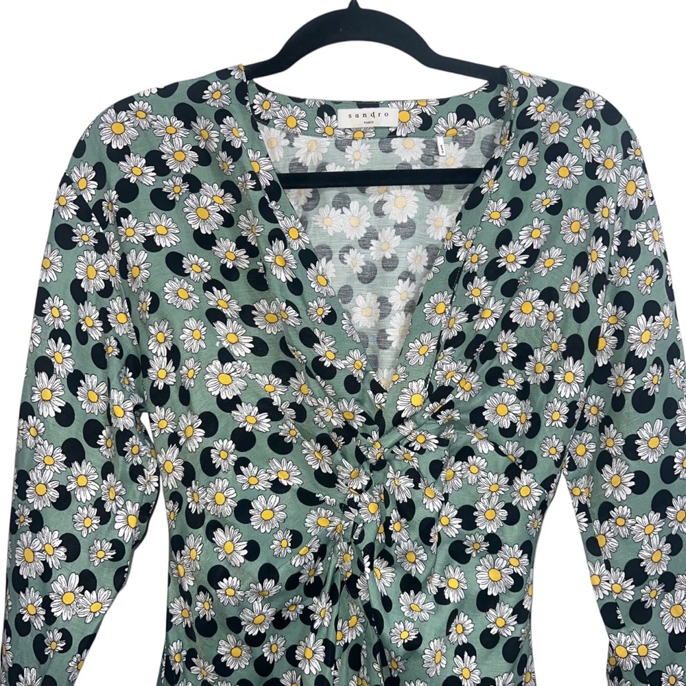Sandro Angele Floral Print Polka Dot Linen Mini Dress Sage Green - Picture 5 of 13